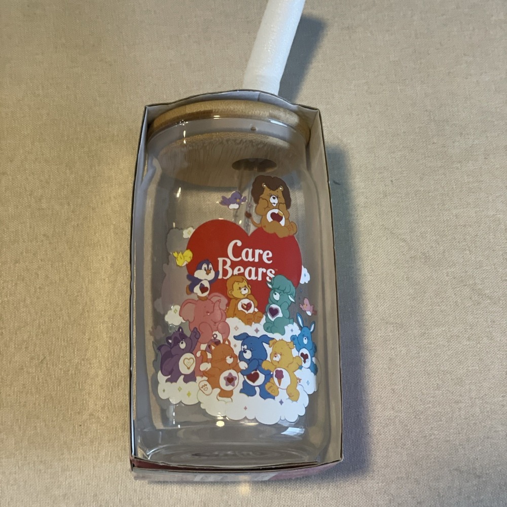 Care Bears Holiday Glass Tumbler With Bamboo Lid and Straw | Holds 16 Ounces